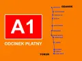 Mapa pokazuje płatny odcinek autostrady A1 od Torunia do Gdańska z zaznaczonymi miejscowościami.