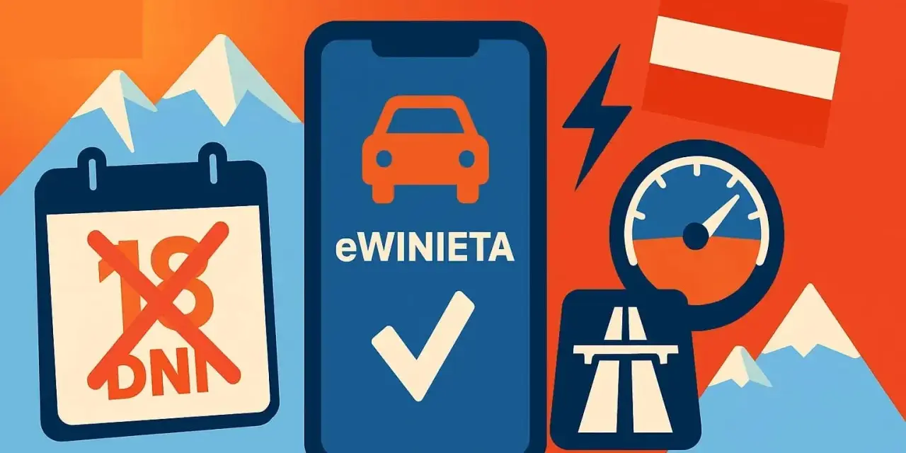 Kupuj wygodnie winiety Słowacja przez aplikację. Symbol samochodu, kalendarz z przekreślonym 18 dniem, autostrada i prędkościomierz.