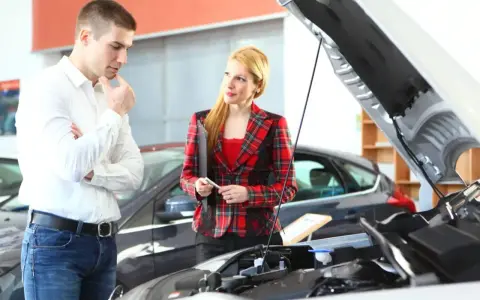 Mężczyzna zastanawia się, czy ten samochód to diesel. Sprzedawczyni z notatkami wyjaśnia mu szczegóły.