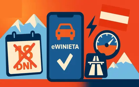 Kupuj wygodnie winiety Słowacja przez aplikację. Symbol samochodu, kalendarz z przekreślonym 18 dniem, autostrada i prędkościomierz.