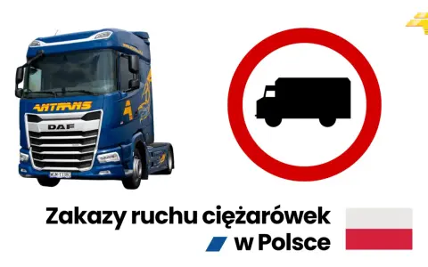 Niebieska ciężarówka DAF obok znaku zakazu ruchu dla pojazdów ciężarowych. Temat: zakazy tir w Polsce.