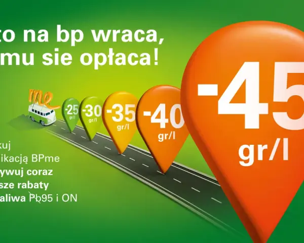 BP promocja: tankuj z aplikacją BPme i aktywuj rabaty do -45 gr/l na paliwa Pb95 i ON. Kto na BP wraca, temu się opłaca!