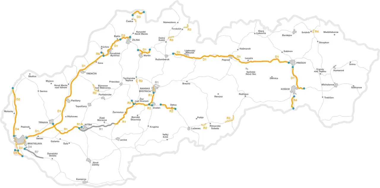 Mapa dróg Słowacji z zaznaczonymi autostradami i drogami ekspresowymi, w tym winiety słowacja.