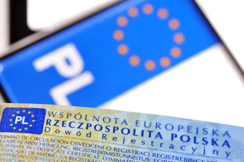 Zbliżenie na polski dowód rejestracyjny i tablicę z literami "PL". Dokument potwierdza legalność pojazdu.